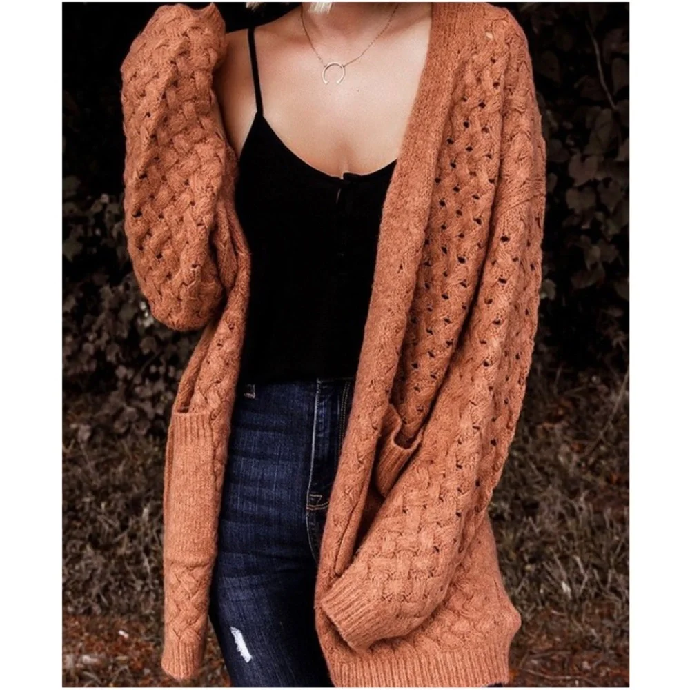 Cozy Rust Open Front Oversized Cardigan - Picture 2 of 4